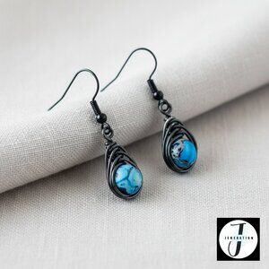 Blue & Tan Dyed Agate Bead Drop Earrings | Herringbone Wrap | Hematite Accents